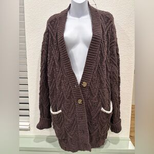 FREE PEOPLE Montana Cable Knit Cardigan Cozy Brown Sweater Oversized Sz Small